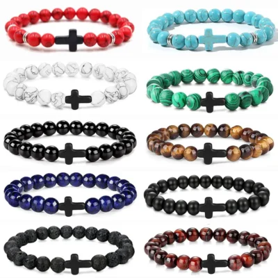 Oración hombres cuentas de madera de piedra Natural Rosario hematita pulseras cruzadas Onyx Pulsera de meditación mujeres joyería de Yoga Homme Pulsera