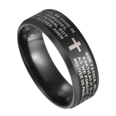 UAGE, anillo de acero inoxidable de Color negro con cruz de Jesús, anillos de dedo de oración bíblica con letras para hombres, joyería de amuleto de 8mm